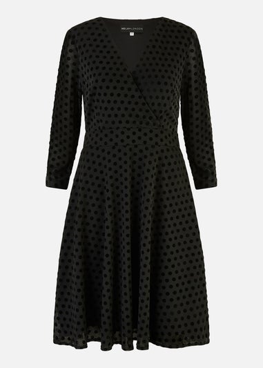 Yumi Black Velour Spot Wrap Skater Dress