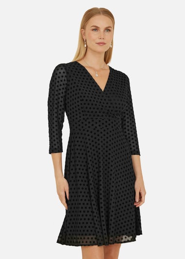 Yumi Black Velour Spot Wrap Skater Dress