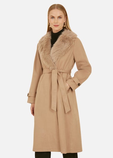 Yumi Camel Wrap Around Coat With Faux Fur Collar