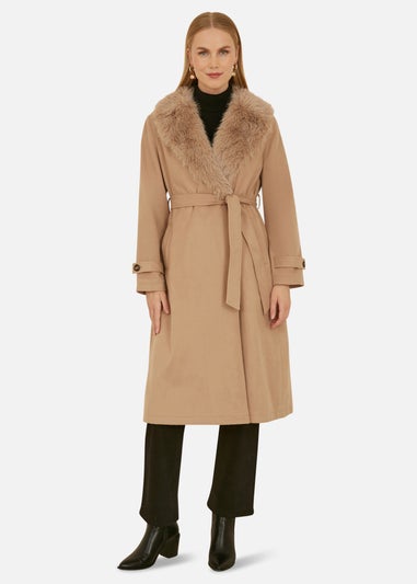 Yumi Camel Wrap Around Coat With Faux Fur Collar