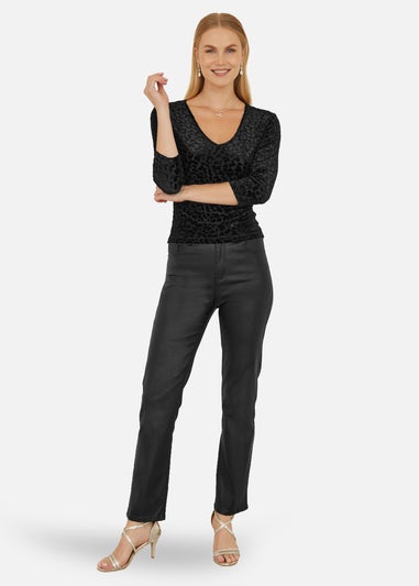 Yumi Black Velvet Leopard V Neck Top