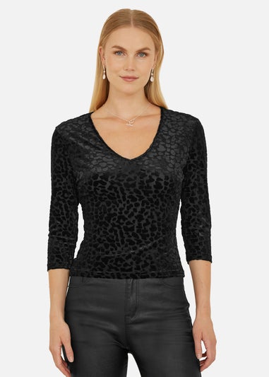 Yumi Black Velvet Leopard V Neck Top