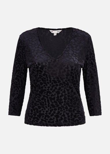 Yumi Black Velvet Leopard V Neck Top