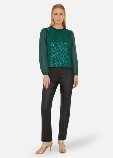 Yumi Green Sequin Top With Sheer Sleeves