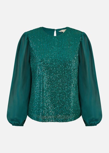 Yumi Green Sequin Top With Sheer Sleeves