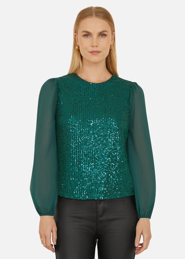 Yumi Green Sequin Top With Sheer Sleeves