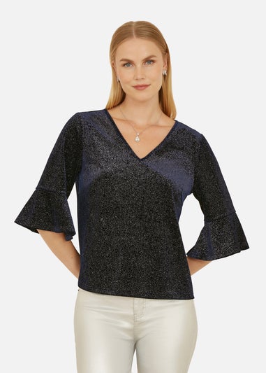 Yumi Navy Sparkle Velvet Relaxed Fit Top With Fluted Sleeves