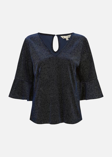 Yumi Navy Sparkle Velvet Relaxed Fit Top With Fluted Sleeves