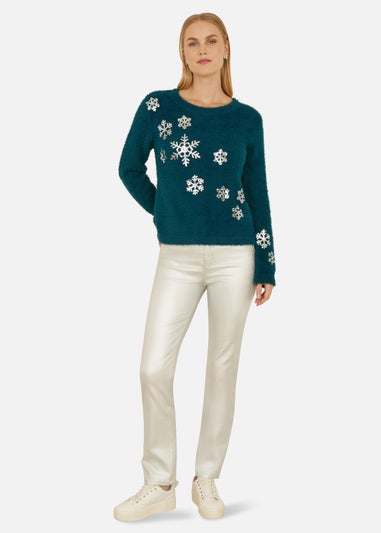 Mela Teal Sequin Snowflake Fluffy Jumper