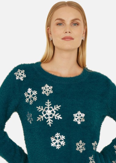 Mela Teal Sequin Snowflake Fluffy Jumper