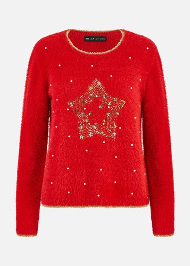 Mela Red Fluffy Star Christmas Jumper