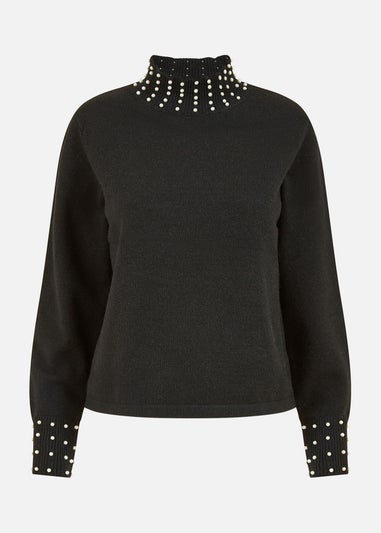 Mela Black Pearl Detail High Neck Jumper