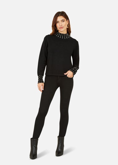 Mela Black Pearl Detail High Neck Jumper