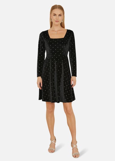 Mela Black Skater Dress With Diamantes and Long Sleeve