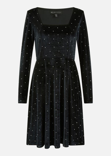 Mela Black Skater Dress With Diamantes and Long Sleeve