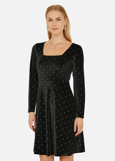 Mela Black Skater Dress With Diamantes and Long Sleeve