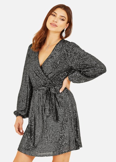 Mela Black Sequin Belted Wrap Long Sleeve Dress