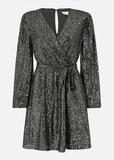 Mela Black Sequin Belted Wrap Long Sleeve Dress