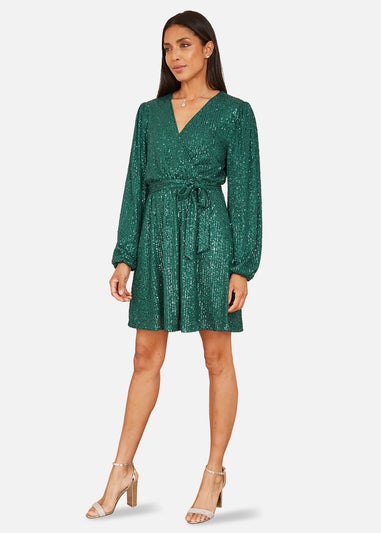 Mela Green Sequin Belted Wrap Long Sleeve Dress