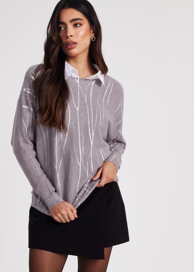 Quiz Grey Knit Foil Detail Jumper