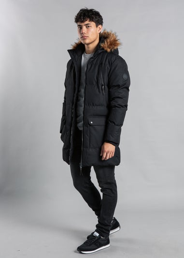 Tokyo Laundry Black Padded Longline Coat with Faux Fur Hood