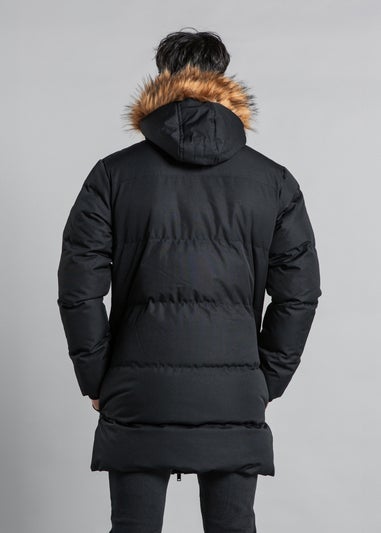Tokyo Laundry Black Padded Longline Coat with Faux Fur Hood