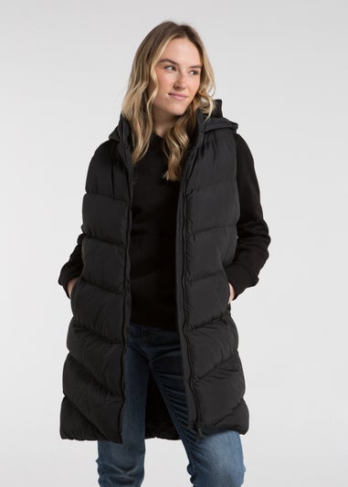 French Connection Black Midi Quilted Gilet with Hood