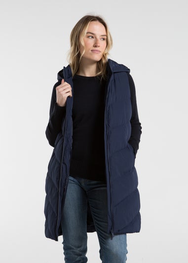 French Connection Midnight Blue Midi Quilted Gilet with Hood