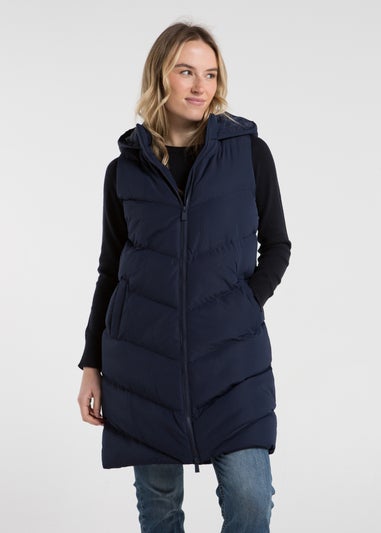 French Connection Midnight Blue Midi Quilted Gilet with Hood