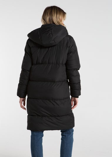 French Connection Black Midi Quilted Puffer Jacket with Hood