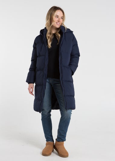 French Connection Midnight Blue Midi Quilted Puffer Jacket with Hood