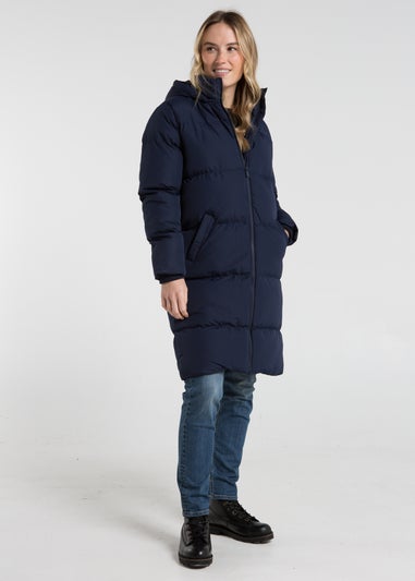 French Connection Midnight Blue Midi Quilted Puffer Jacket with Hood