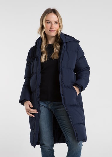 French Connection Midnight Blue Midi Quilted Puffer Jacket with Hood