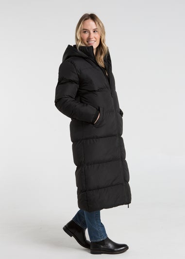 French Connection Black Longline Quilted Puffer Jacket with Hood