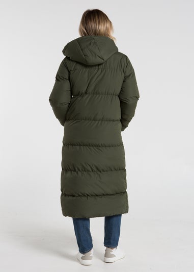 French Connection Khaki Longline Quilted Puffer Jacket with Hood