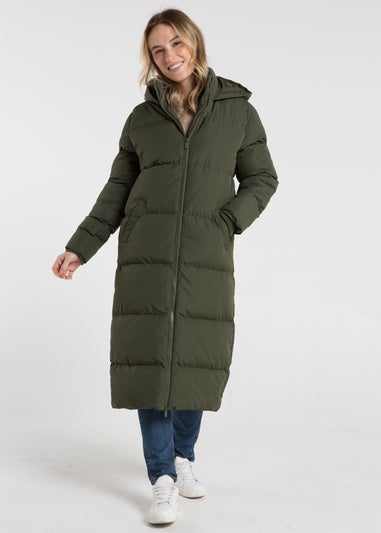 French Connection Khaki Longline Quilted Puffer Jacket with Hood