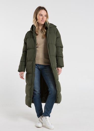 French Connection Khaki Longline Quilted Puffer Jacket with Hood