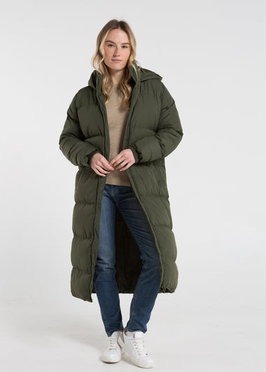 French Connection Khaki Longline Quilted Puffer Jacket with Hood