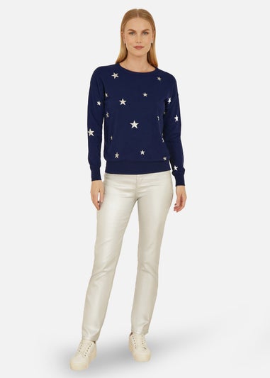 Yumi Navy Silver Foil Star Print Relaxed Fit Jumper