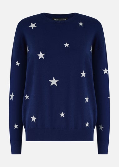 Yumi Navy Silver Foil Star Print Relaxed Fit Jumper