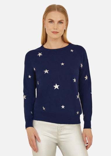 Yumi Navy Silver Foil Star Print Relaxed Fit Jumper