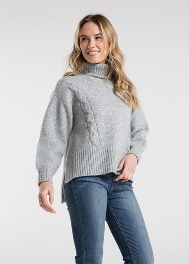 French Connection Light Grey Cable Knit Roll Neck Long Sleeve Jumper