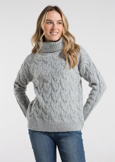 French Connection Light Grey Cable Knit Roll Neck Long Sleeve Jumper