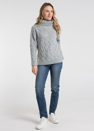 French Connection Light Grey Cable Knit Roll Neck Long Sleeve Jumper