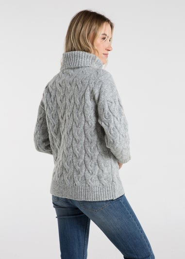 French Connection Light Grey Cable Knit Roll Neck Long Sleeve Jumper