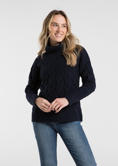 French Connection Navy Cable Knit Roll Neck Long Sleeve Jumper