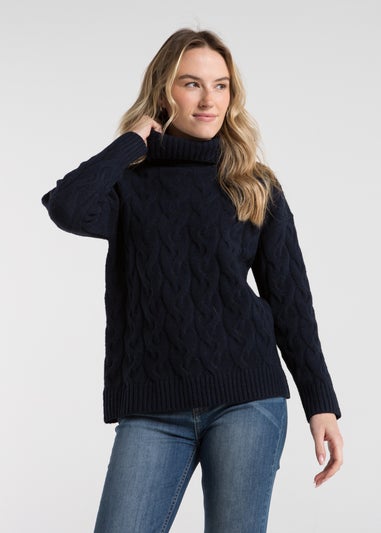 French Connection Navy Cable Knit Roll Neck Long Sleeve Jumper