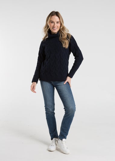 French Connection Navy Cable Knit Roll Neck Long Sleeve Jumper