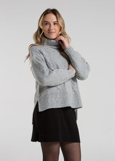 French Connection Light Grey Cable Knit Roll Neck Jumper