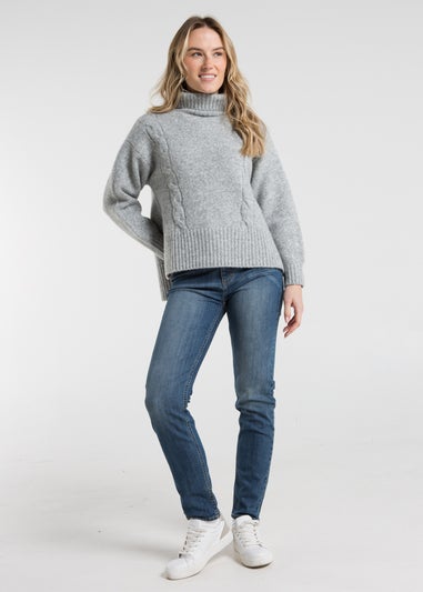 French Connection Light Grey Cable Knit Roll Neck Jumper